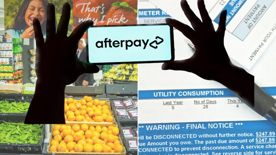 Compilation image of groceries, bills and hands holding a phone saying Afterpay
