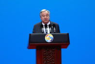 U.N. Secretary General Antonio Guterres delivers his speech at the opening ceremony of the second Belt and Road Forum for International Cooperation (BRF) in Beijing Friday, April 26, 2019. (How Hwee Young/Pool Photo via AP)