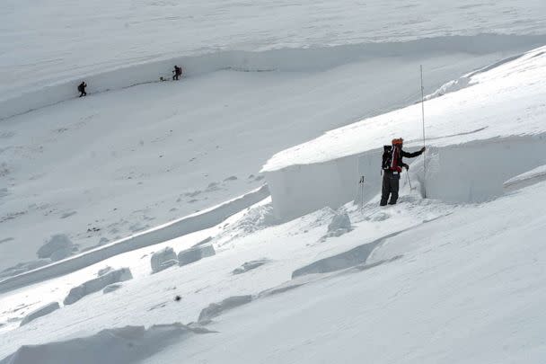 PHOTO: In this April 21, 2013, file photo, members of the Colorado Avalanche Information Center or CAIC, takes depth measurements every 50 feet at the crown of the avalanche in an area known as Sheep Creek near Loveland Pass in Colorado. (Helen H. Richardson/Denver Post via Getty Images, FILE)