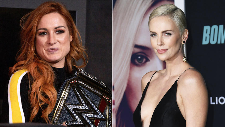 WWE star Kofi Kingston said he would like to see Academy Award winner Charlize Theron (pictured right) against a wrestler such as Becky Lynch (pictured left), to. which the movie star accepted. (Getty Images)