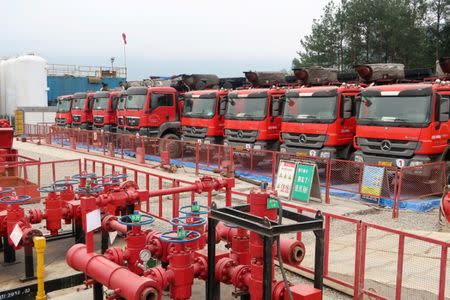 FILE PHOTO: Fracking trucks are seen at a shale gas well of Sinopec in Nanchuan, Chongqing, China March 18, 2018. REUTERS/Chen Aizhu/File Photo