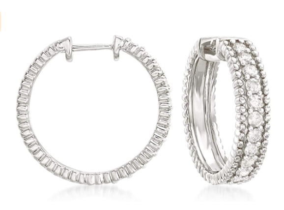 Ross-Simons 1.00 ct. t.w. Diamond Beaded Hoop Earrings in Sterling Silver