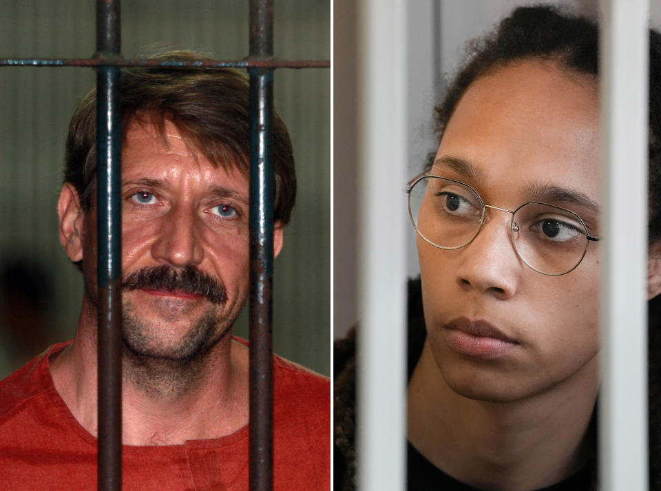 FILE - This combo of images shows Viktor Bout, left, a suspected Russian arms dealer at the criminal court in Bangkok, on Aug. 20, 2010 and WNBA star and two-time Olympic gold medalist Brittney Griner, right, in a court room prior to a hearing, in Khimki, outside of Moscow, Russia, on July 27, 2022. Russia has freed WNBA star Brittney Griner on Thursday in a dramatic high-level prisoner exchange, with the U.S. releasing notorious Russian arms dealer Viktor Bout. (AP Photo/Apichart Weerawong, left, and Alexander Zemlianichenko, File)