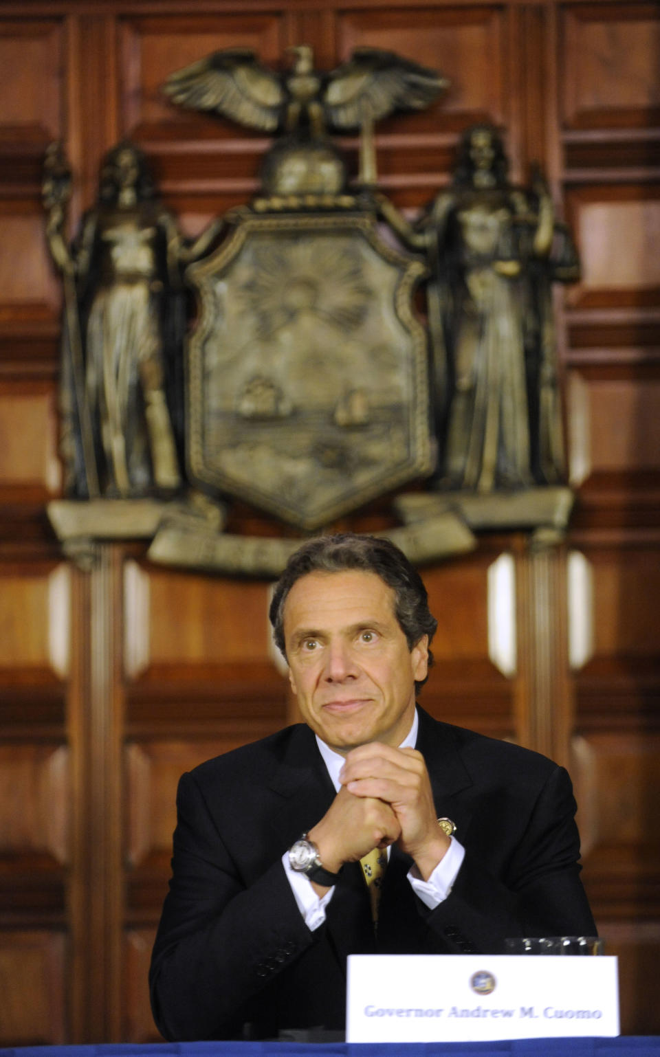 New York Gov. Andrew Cuomo speaks during a news conference at the Capitol in Albany, N.Y., on Monday, June 4, 2012. Cuomo is proposing the decriminalization of the possession of small amounts of marijuana in public view. (AP Photo/Tim Roske)