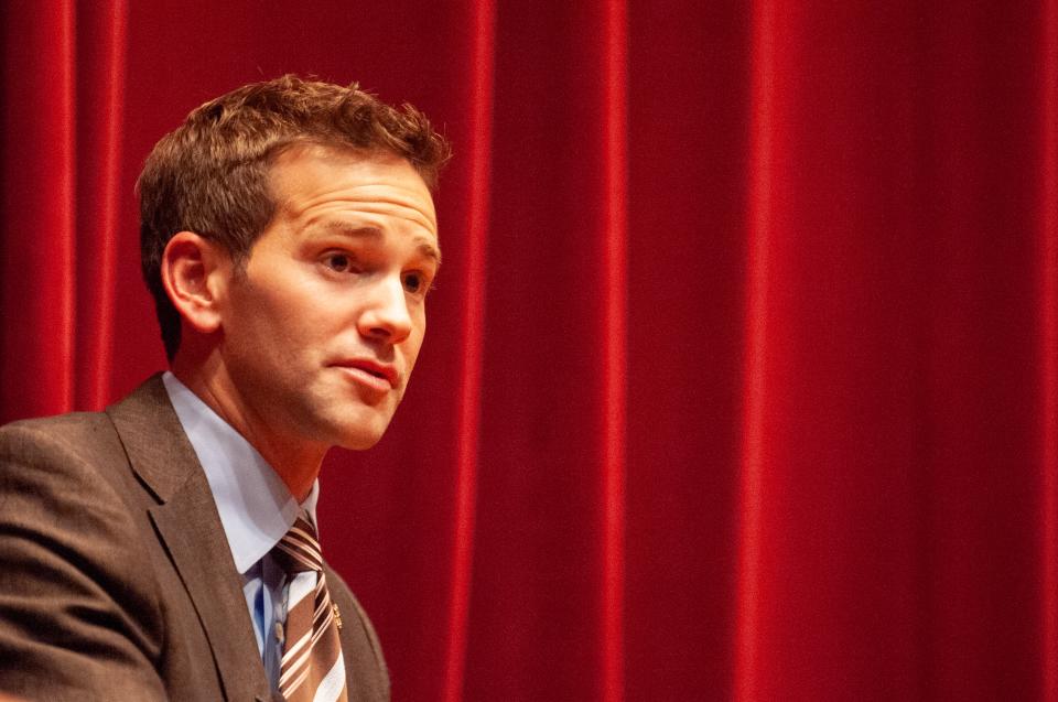 Low angle close-up of former Illinois politician Aaron Schock, participating in a Foreign Affairs Symposium at the Johns Hopkins University, Baltimore, Maryland, November 5, 2009. From the Homewood Photography Collection. (Photo by JHU Sheridan Libraries/Gado/Getty Images)