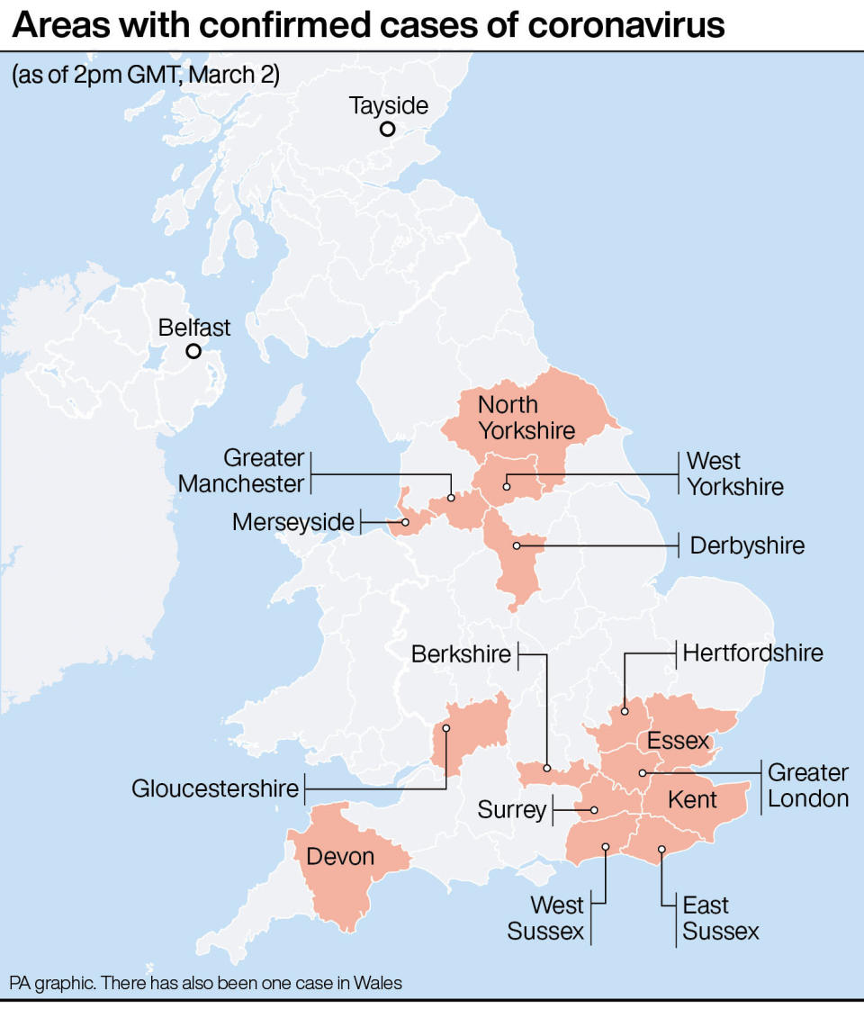 Areas with confirmed cases of coronavirus.