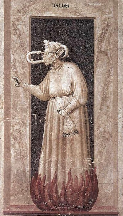 <em>La envidia</em> (1306), Giotto di Bondone, Capella degli Scrovegni, Padua. <a href="https://es.wikipedia.org/wiki/Archivo:Giotto_di_Bondone_-_No._48_The_Seven_Vices_-_Envy_-_WGA09275.jpg" rel="nofollow noopener" target="_blank" data-ylk="slk:Web Gallery of Art/Wikimedia Commons;elm:context_link;itc:0;sec:content-canvas" class="link ">Web Gallery of Art/Wikimedia Commons</a>