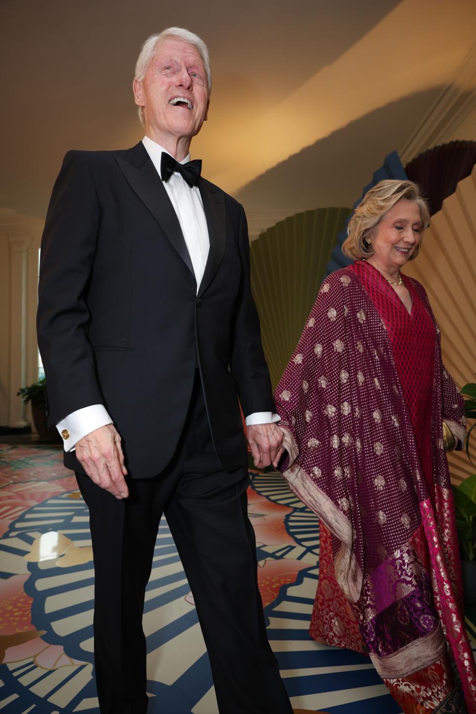 Former President Bill Clinton and Former U.S. Secretary of State Hillary Clinton arrive at the White House for a state dinner on April 10, 2024 in Washington, DC.