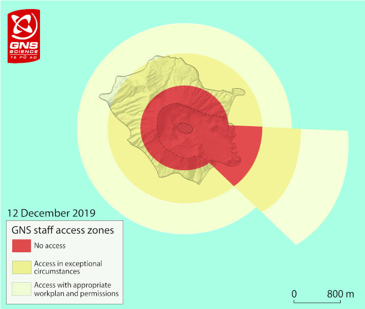 GNS Science每天都會更新白島火山的監測圖，12日紅色部分(不可接近區域)近乎擴張到全島。   圖：翻攝自GNS Science網站