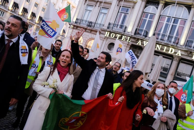 FILE PHOTO: Far right political party Chega leader Andre Ventura campaigns for general elections, in Lisbon