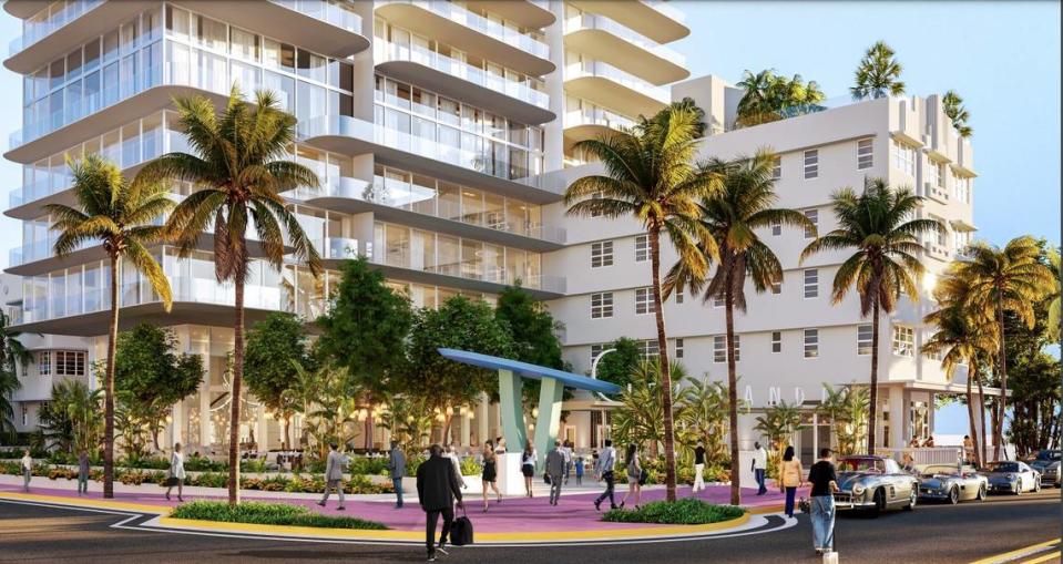 A rendering shows plans by the Jesta Group to convert the Clevelander Hotel and Bar and Essex House hotel into a 30-story condo and apartment building, with 40% of residences set aside for people making up to 120% of the area median income.