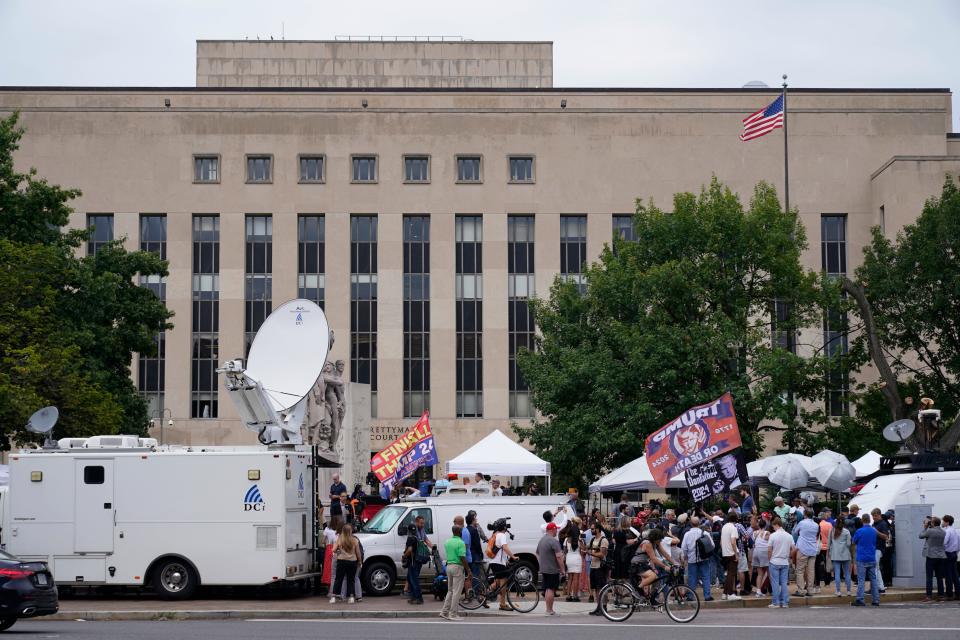 Media and protesters outside the federal courthouse where Trump is arraigned.