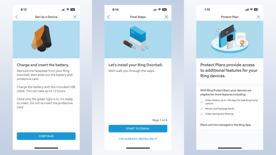 Screenshots from the Ring app's installation tutorial.