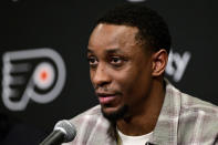Former Philadelphia Flyers' Wayne Simmonds answers questions during a press conference prior to an NHL hockey game, Saturday, April 13, 2024, in Philadelphia. Simmonds signed a one-day contract retiring a Philadelphia Flyer. (AP Photo/Derik Hamilton)