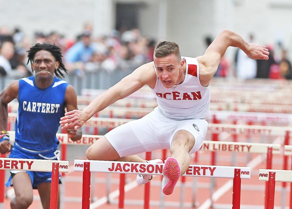 Ocean Twp's Alexander Sadikov won the G2 110 Hurdles at 15.02 at the Central and South Groups 2-3 Track sectionals at Jackson Liberty HS on 6/3/2023