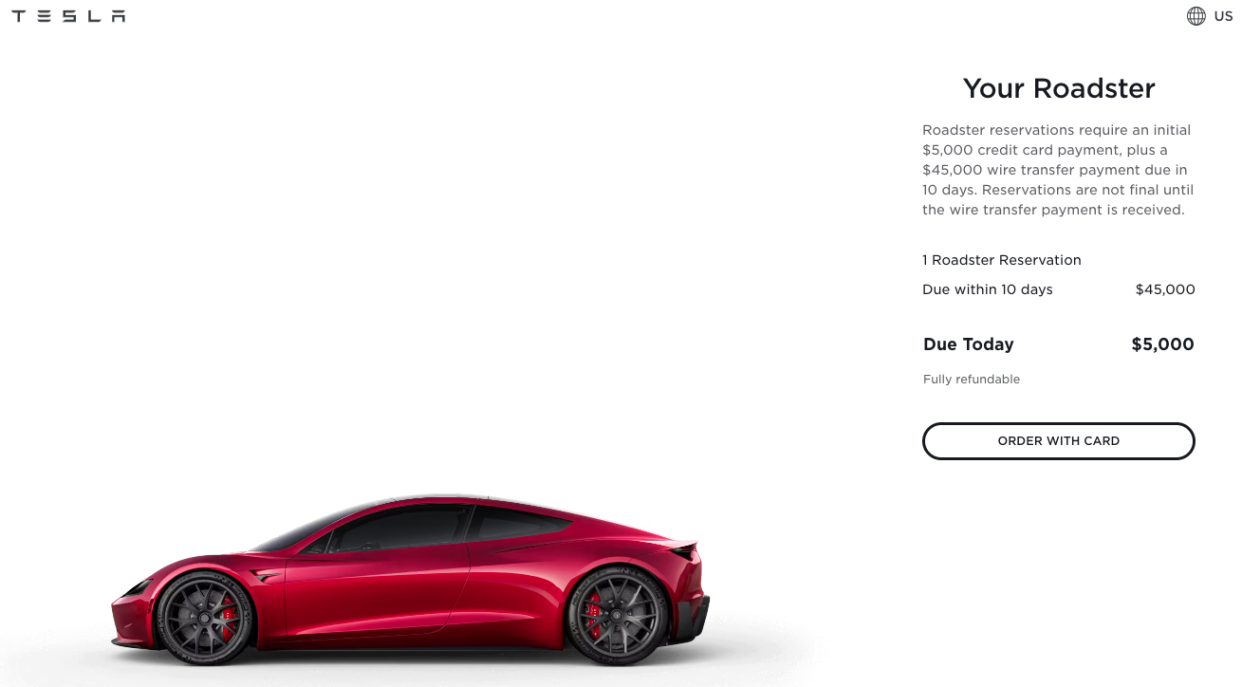 Tesla Roadster reservation page