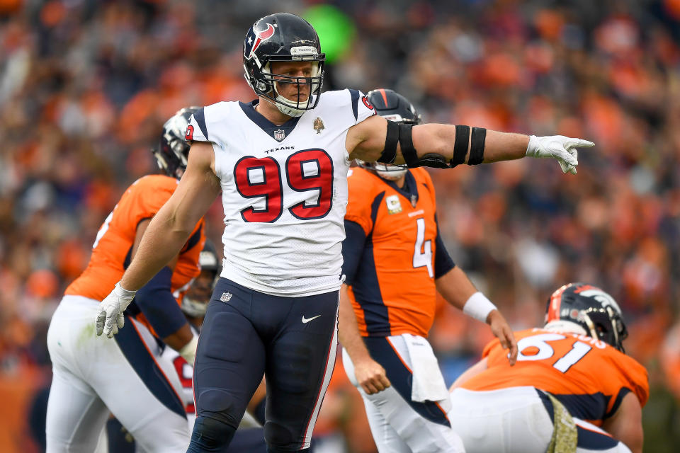 J.J. Watt could have fun against a depleted Washington offensive line. (Photo by Dustin Bradford/Getty Images)