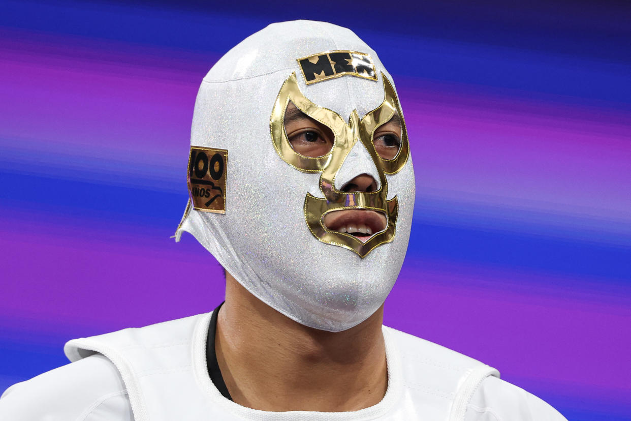 Mexico's Carlos Sansores looks on he arrives to compete against Guinea-Bissau's Paivou Johnouario Gomis in the taekwondo men's +80kg round of 16 bout of the Paris 2024 Olympic Games at the Grand Palais in Paris on August 10, 2024. (Photo by David GRAY / AFP) (Photo by DAVID GRAY/AFP via Getty Images)