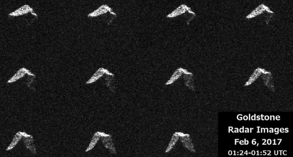 This 11-image composite of asteroid 2017 BQ6 was created by radar data from NASA's Goldstone Solar System Radar in California's Mojave Desert, Feb. 5, 2017, just five hours before the space rock's closest approach to Earth.