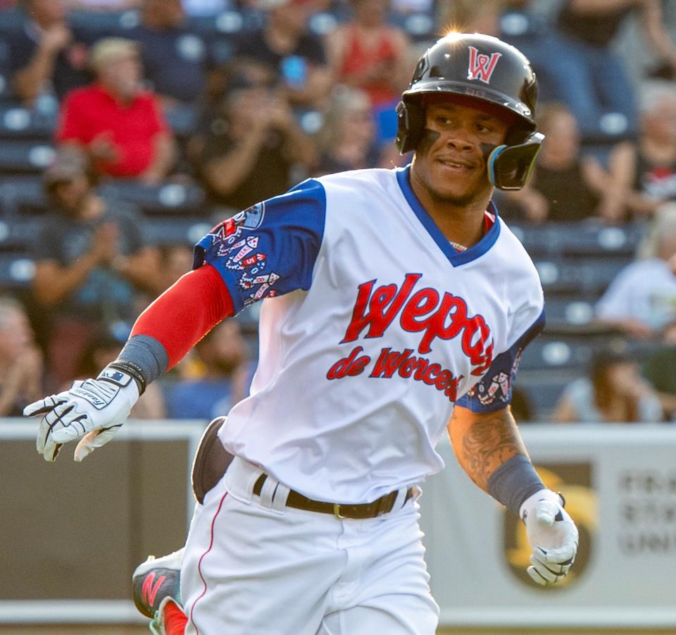 Worcester’s Ceddanne Rafaela looks to the dugout after his lead-off home run against the Syracuse Mets Wednesday, July 5, 2023.