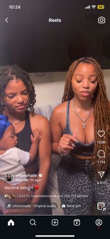 <p>Chloe Halle/Instagram</p> Halle Bailey (left) and Chloe Bailey with Halle's son Halo