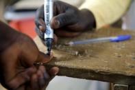 An electoral officer marks a voter's thumb with ink after voters card verification at a polling unit at the start of general elections in Daura, northwest Nigeria, March 28, 2015. REUTERS/Akintunde Akinleye