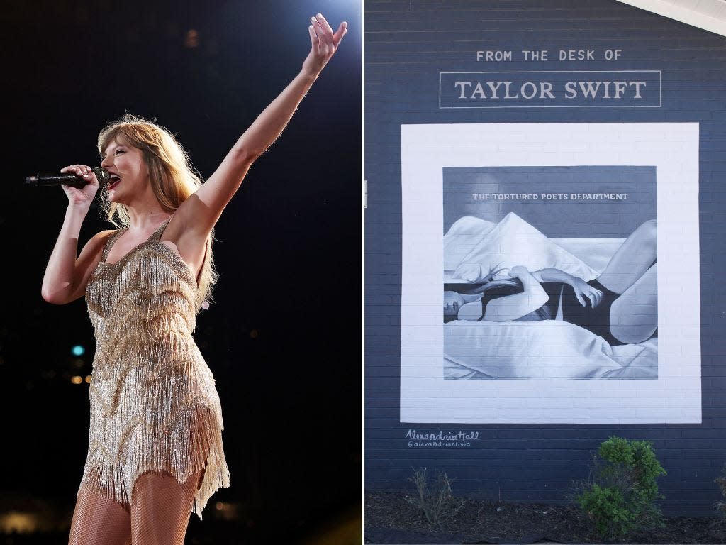 A composite image of Taylor Swift performing onstage and a mural promoting "The Tortured Poets Department."
