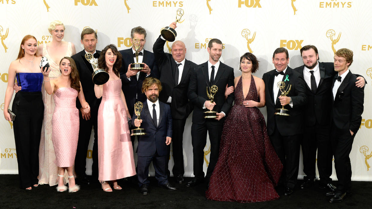 LOS ANGELES, CA - SEPTEMBER 20:  Actors Sophie Turner, Gwendoline Christie, Maisie Williams, Nikolaj Coster-Waldau, Carice van Houten, writer David Benioff, actor Peter Dinklage, Conleth Hill, writer D.