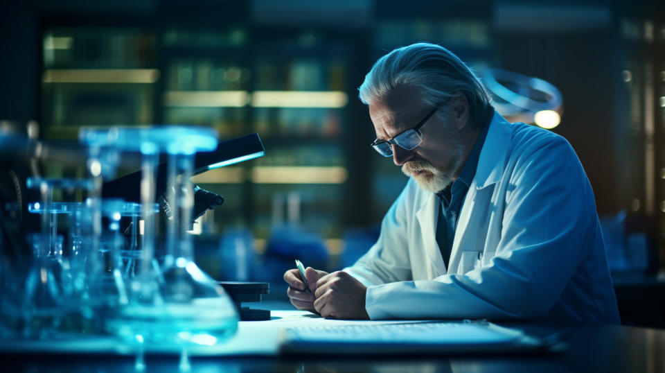 A biopharmaceutical researcher intently studying results from a clinical trial.