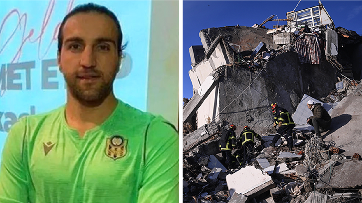 Malatyaspor goalkeeper Ahmet Eyüp Türkaslan (pictured left) and (pictured right) rubble from the Turkish earthquake.