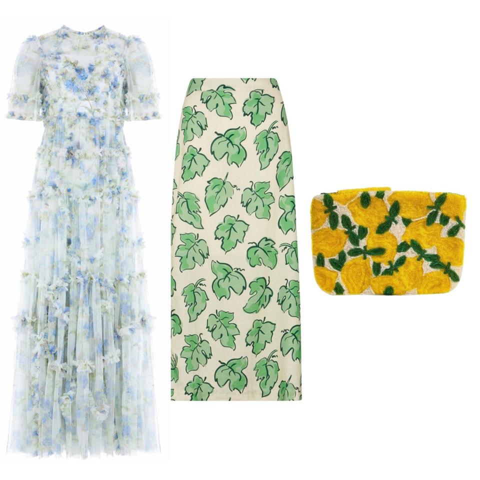 Summer posy dress, £375, Needle and Thread;  Vine skirt, £120, Kitri;  Lemon beaded bag, £70, The Jacksons