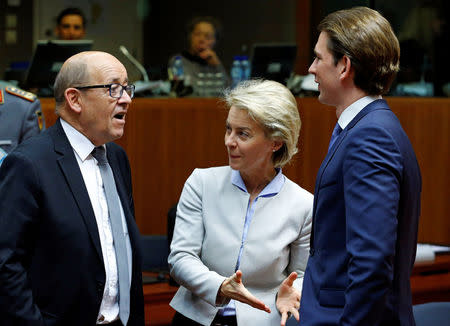 France's Defence Minister Jean-Yves Le Drian (L), his German counterpart Ursula von der Leyen (C) and Austria's Foreign Minister Sebastian Kurz attend a European Union foreign and defence ministers meeting in Brussels, Belgium November 14, 2016. REUTERS/Yves Herman