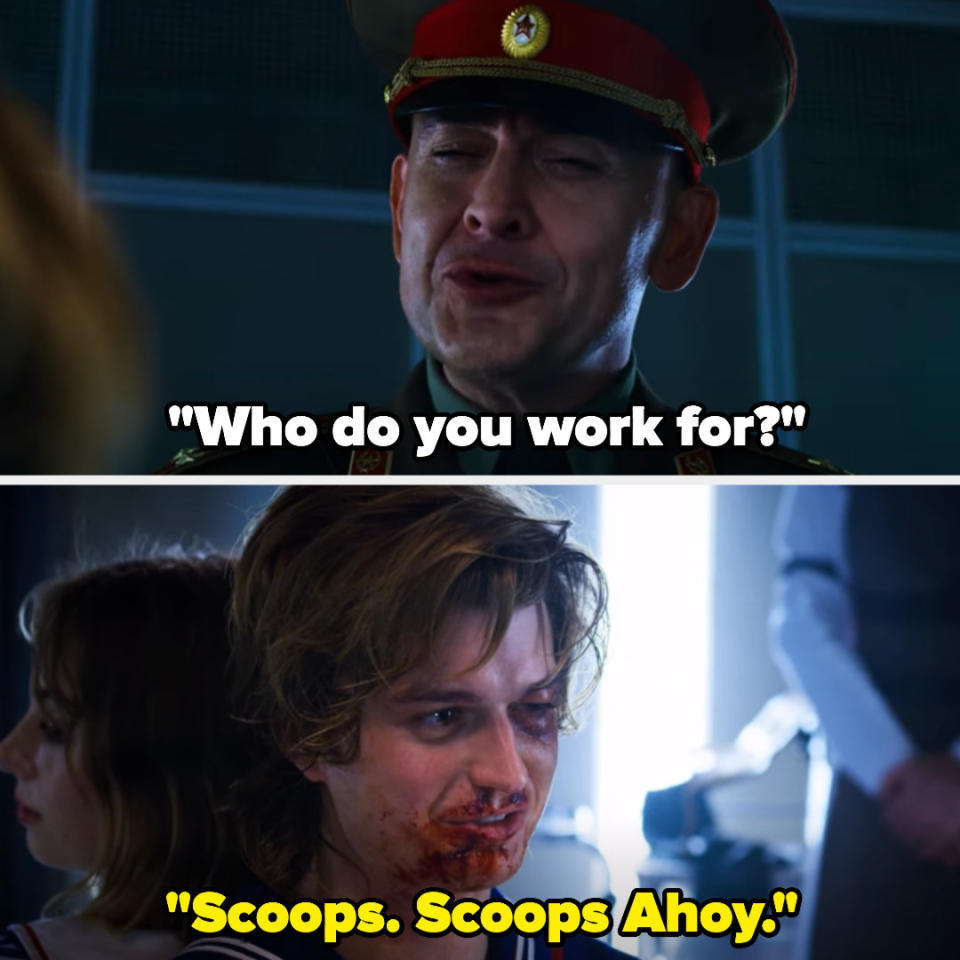 Russian man asks "who do you work for?" and Steve says "scoops, scoops ahoy"