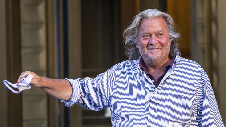 President Donald Trump's former chief strategist Steve Bannon leaves federal court in New York Thursday, Aug. 20, 2020, after pleading not guilty to charges that he ripped off donors to an online fundraising scheme to build a southern border wall. (AP Photo/Eduardo Munoz Alvarez)