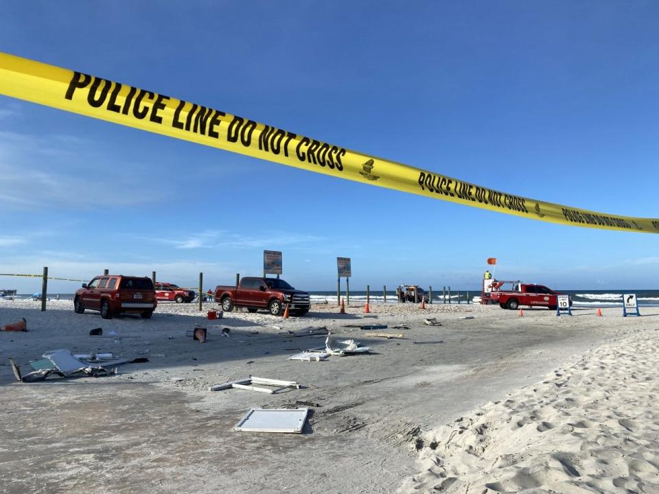 Authorities said a car crashed through a toll booth at the International Speedway Boulevard approach in Daytona Beach Sunday afternoon and ended in the sea. Authorities said a child was seriously injured in the crash.
