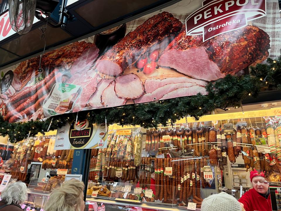 shot of a meat stand at the central market food hall in Budapest hungary