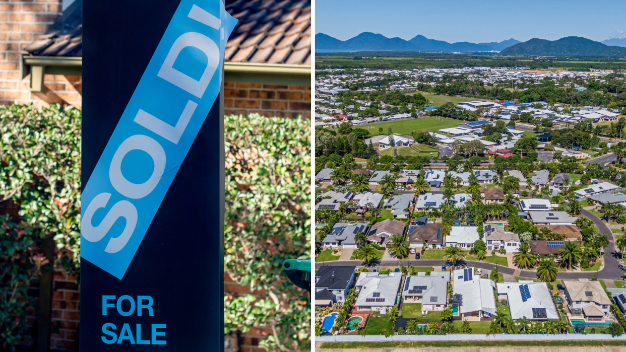 Composite image of property sale sign and aerial view of houses in Cairns.