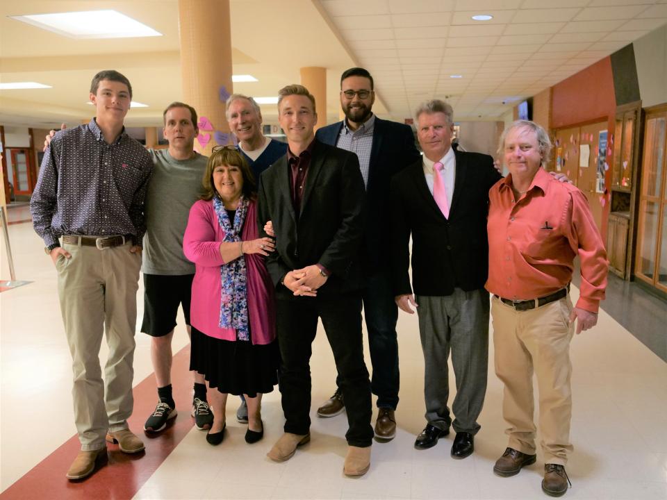 From left, Brady Keeter, Dr. Jave Rush, Carol Keller, Dr. Avery Rush., Heath Herrington, Raetzel, Lance Lahnert, and Ross Keller following the presentation of the Randy Keller Fighting Heart Baseball Scholarship on Tuesday, May 9, 2023 at Tascosa High School.