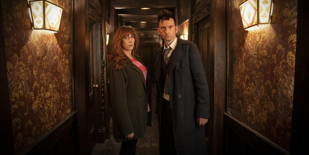 doctor who stars david tennant and catherine tate in a scene from 60th anniversary special the giggle