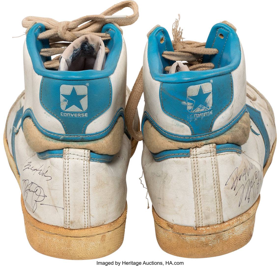 This pair of Converse sneakers worn by Michael Jordan as a UNC freshman in the 1981-1982 season are being sold in an online auction to benefit the UNC basketball program.