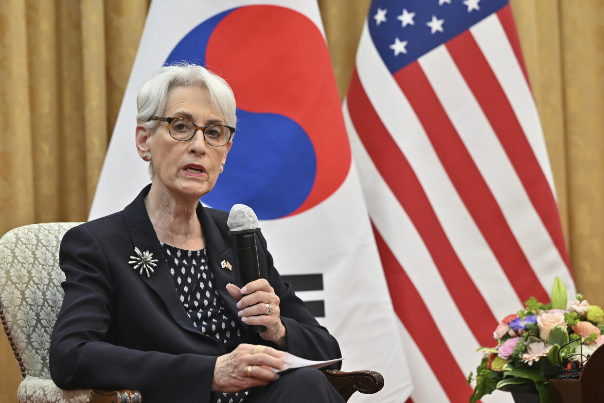 U.S. Deputy Secretary of State Wendy Sherman speaks to media after a meeting with South Korea's First Vice Foreign Minister Cho Hyun-dong at the Foreign Ministry in Seoul Tuesday, June 7, 2022. (Jung Yeon-je /Pool Photo via AP)