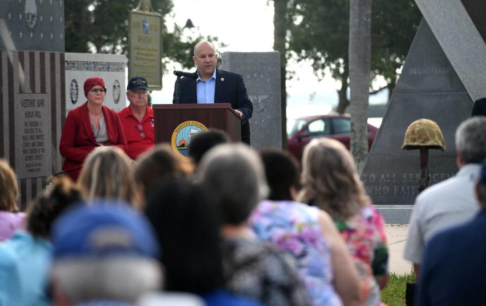 Manatee County Commissioner Kevin Van Ostenbridge speaks during a ceremony honoring the 50 year anniversary of the peace treaty that ended the Vietnam War at the Veteran’s Monument in Bradenton Wednesday, March 29, 2023.