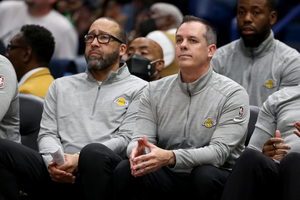 Los Angeles Lakers head coach Frank Vogel (right) with assistant coach David Fizdale in the second half against the New Orleans Pelicans at the Smoothie King Center in New Orleans on March 27, 2022.