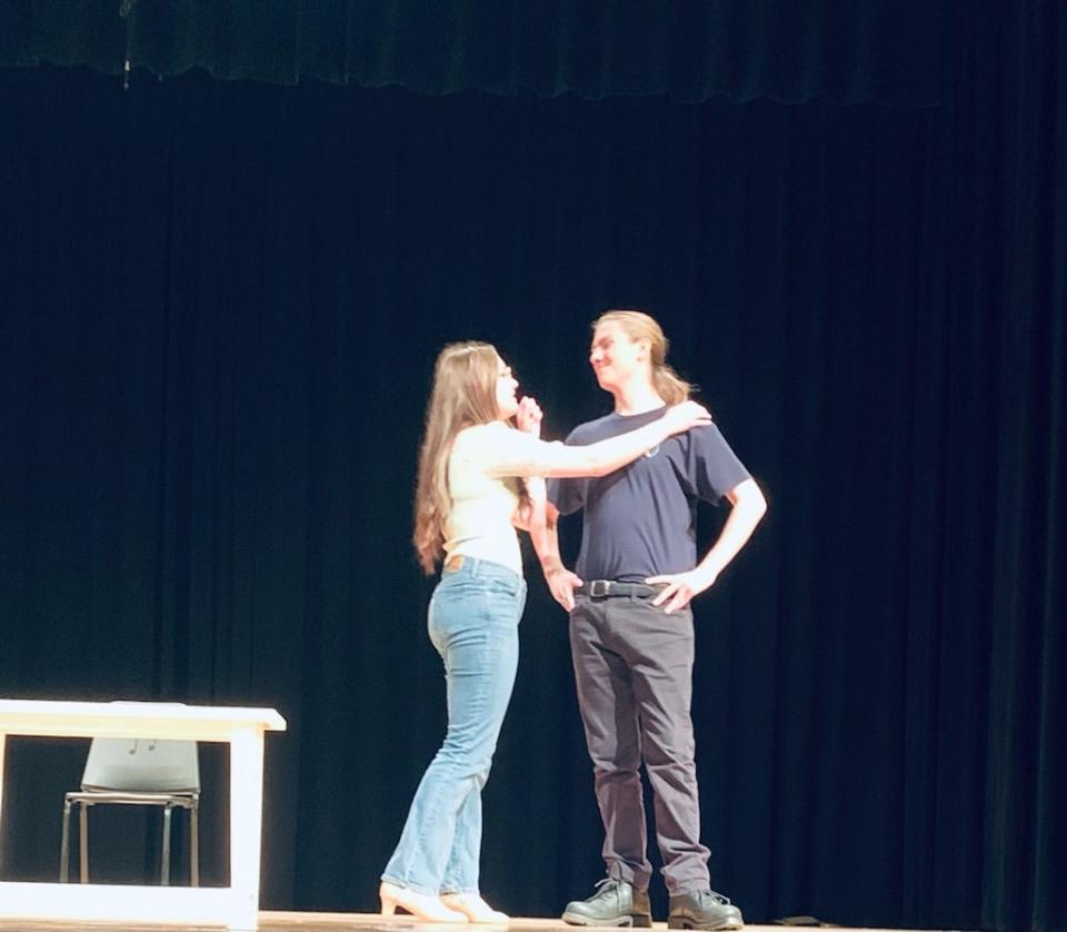 Performing a scene from the CHS Thespian Club’s Fall production, Rosie the Riveter, by Trey Carlson, are Hannah Steck (Rosie O’Connell) and Aaron Olson (John Stanley).