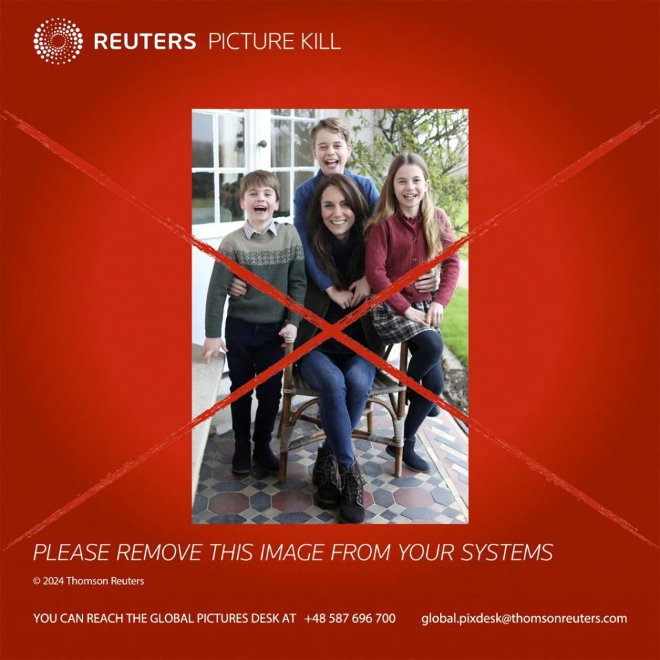 Multiple photo agencies, including Reuters, the Associated Press, Getty, and AFP, have withdrawn the Mother’s Day photo Kensington Palace released Sunday. via REUTERS
