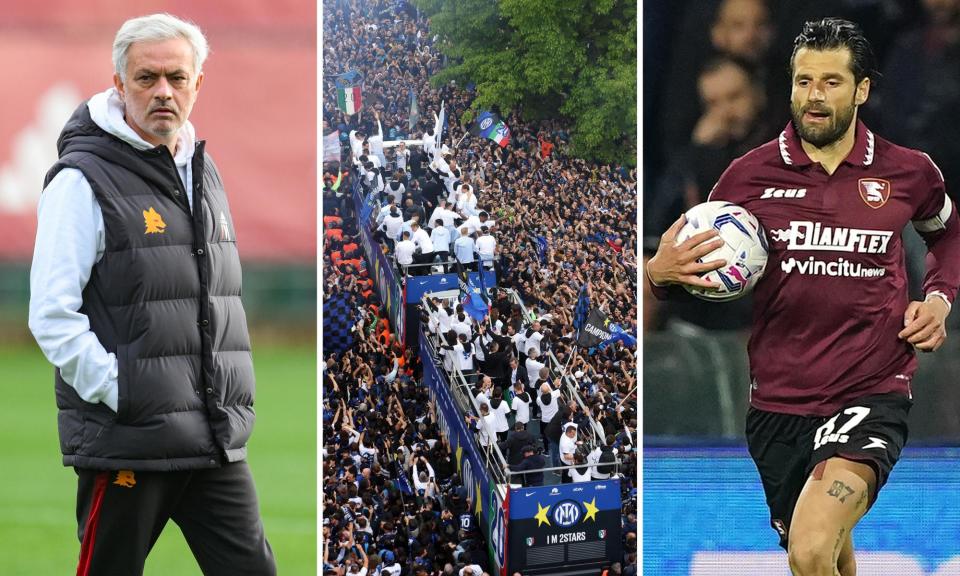 <span>From left: José Mourinho during a training session with Roma, the bus with <a class="link " href="https://sports.yahoo.com/soccer/teams/inter/" data-i13n="sec:content-canvas;subsec:anchor_text;elm:context_link" data-ylk="slk:Inter;sec:content-canvas;subsec:anchor_text;elm:context_link;itc:0">Inter</a>'s players on board leaves for a city tour to celebrate their Scudetto, plus Salernitana’s Antonio Candreva.</span><span>Composite: AS Roma/Getty Images; EPA; NurPhoto/Getty Images</span>