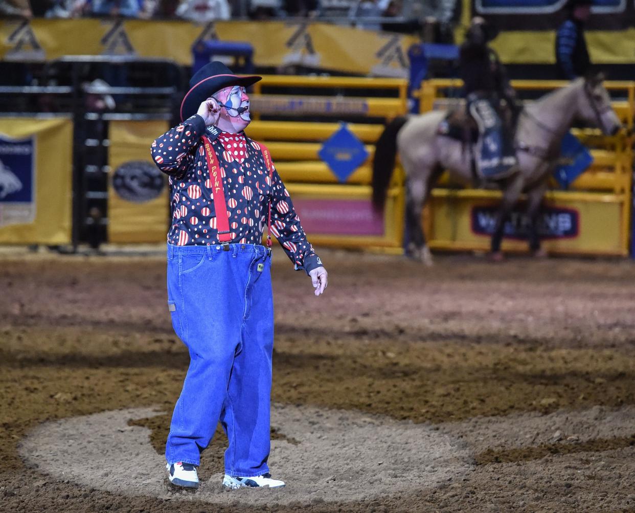 Dusty the Rodeo Clown performs for the audience at the Dixie National Rodeo at the State Fairgrounds in Jackson, Miss., Sunday, February 12, 2023.