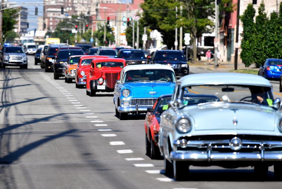 Cars participating in the 52nd annual Street Rod Nationals on display in the Paristown neighborhood, Wednesday, Aug. 04, 2021 in Louisville Ky.