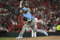 Milwaukee Brewers starting pitcher Corbin Burnes throws during the second inning of the team's baseball game against the St. Louis Cardinals on Wednesday Sept. 14, 2022, in St. Louis. (AP Photo/Joe Puetz)
