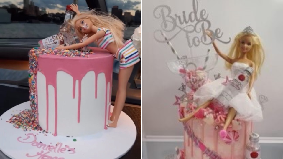 A composite image of two hens party cakes featuring Barbie and alcohol.